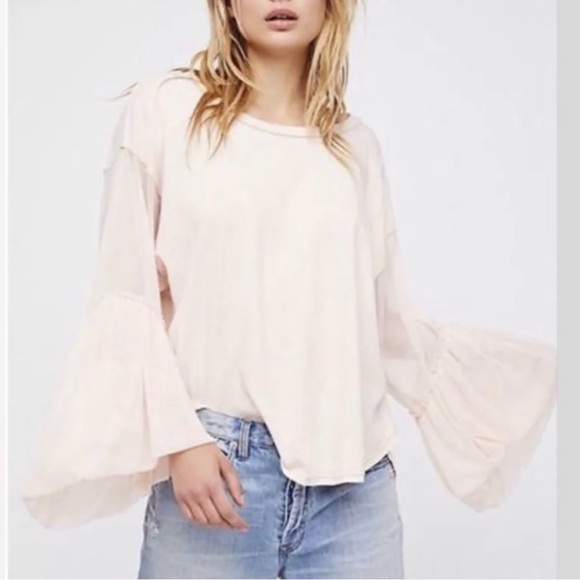 Free People Tops - EUC FREE PEOPLE Pale Pink Sheer Mesh Tulle Sleeve Oversized Still Got It Tee